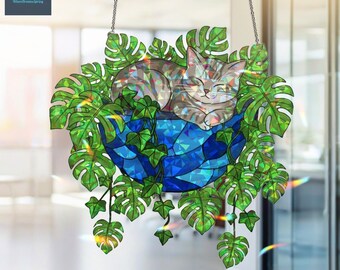 眠っている猫のアクリルホログラム窓吊り下げ、猫のサンキャッチャー、モンステラの植物の装飾、猫好きへのギフト