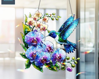 Hummingbirds and Orchid Flowers Holographic, Hummingbirds Window Hanging, Home Decor, Gift For Her