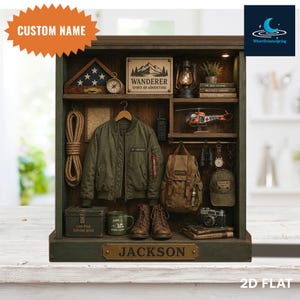 May include: A wooden display shelf featuring the name JACKSON, containing a miniature olive green bomber jacket, a brown backpack, a cap, a lantern, a compass, a rope, a camera, binoculars, a helicopter model, and a sign reading WANDERER SPIRIT OF ADVENTURE.