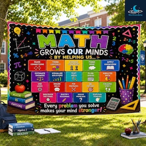 May include: A black educational wall banner featuring the text MATH GROWS OUR MINDS BY HELPING US, surrounded by colorful rectangular boxes with math-related tasks, icons, and numbers. The design includes a stack of books and a calculator.