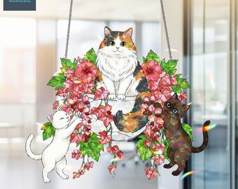 アクリルホログラム猫サンキャッチャー、花のつるを持つ猫の家族、窓吊り装飾、猫好きへのギフト