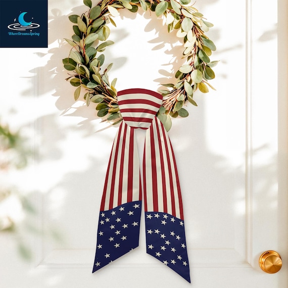 American Flag Wreath Sash, Patriotic Door Hanger Bow, Red White Blue Stars Stripes Decor