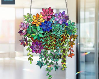 多肉植物のサンキャッチャー、アクリル風の窓飾り、虹色の植物モチーフの窓装飾、植物好きへのギフト
