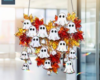 Halloween Ghost Suncatcher, Holographic Acrylic Window Hanging, Fall Maple Leaf Decor, Spooky Gift