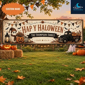 Pancarta rústica personalizada de Halloween, letrero personalizado con el nombre de la familia, decoración otoñal para el porche con temática de fantasmas y calabazas.
