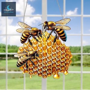 Honeybee Acrylic Window Hanging, Honeycomb Window Wall Hanging, Beekeeper Gift, Honeybee Gift, Mothers Day Gift For Mom