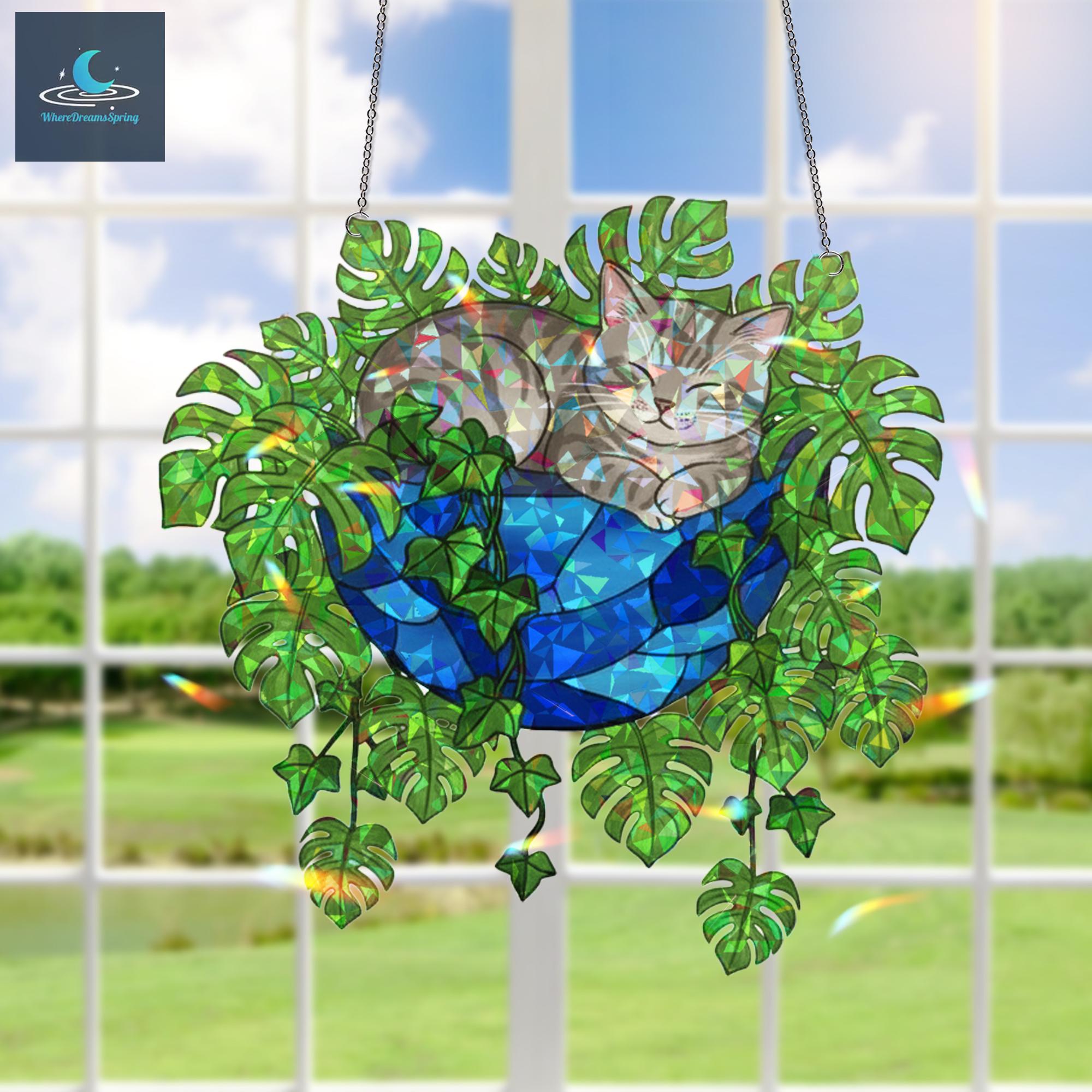 Sleeping Cat Acrylic Hologram Window Hanging, Cat Suncatcher, Monstera ...
