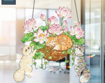 猫のアクリルホログラム窓飾り、蓮の花と母猫と子猫、蓮の花と猫のサンキャッチャー、室内装飾