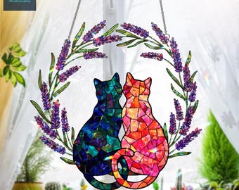 カップル猫アクリルホログラム窓吊り下げ、猫サンキャッチャー、ラベンダーリース装飾、猫好きへのギフト