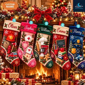 May include: Five personalized Christmas stockings featuring embroidered names and themed appliqués: a firefighter set, a medical set, a baking set, a teacher set, and a police set, all decorated with holly, snowflakes, and festive motifs.