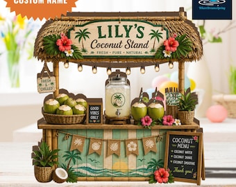 Personalized Coconut Stand Sign, Tropical Summer Beach Decor, Custom Island Bar Plaque