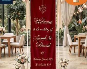 Red Linen Wedding Welcome Banner, Personalized Couple Names Fabric Sign, Elegant Classic Ceremony Decor