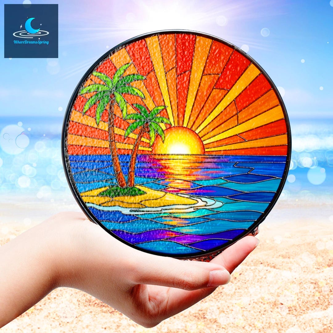 Tropical Sunset Stained Glass Suncatcher, Palm Tree Ocean Window ...