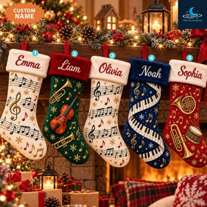 Calza di Natale musicale personalizzata, spartiti per pianoforte, violino e tromba, regalo personalizzato per gli amanti della musica.