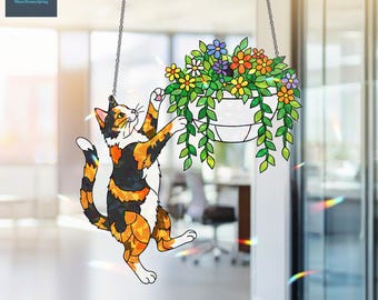 猫のホログラム窓吊り下げ、遊び心のある猫と吊り下げ植物のサンキャッチャー、レインボーライトキャッチャー、猫の窓装飾。