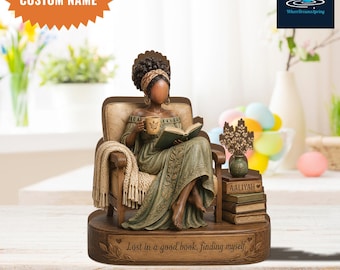 Personalized Reading Woman Wood Sculpture, Black Woman Book Lover Decor, Custom Name Figurine