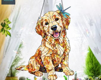 ゴールデンレトリバーのアクリルホログラム窓飾り、ホログラフィックサンキャッチャー装飾、レインボーライトプリズムチャーム、犬好きへのギフト