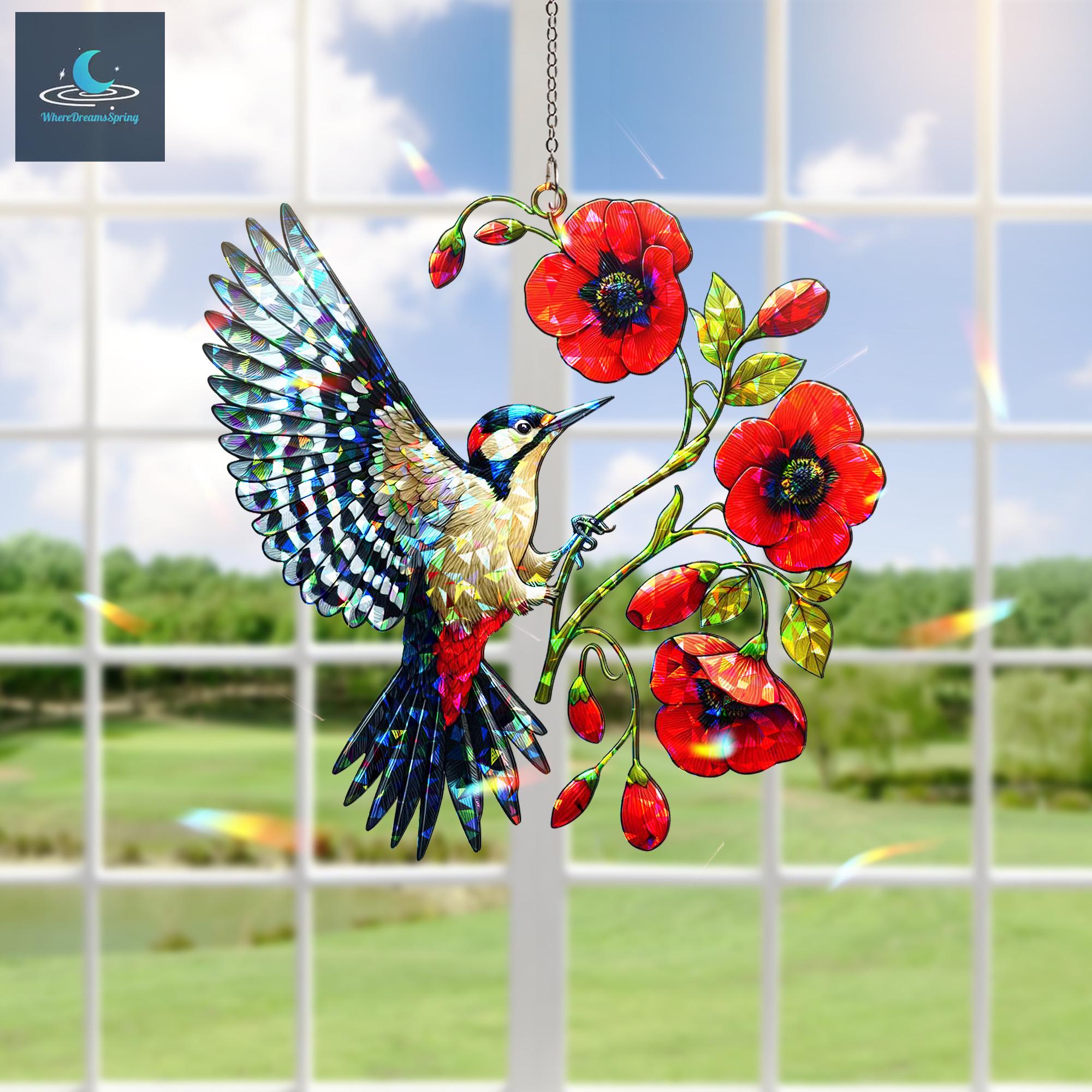 ポピーの花のホログラム付きキツツキ鳥、キツツキの窓飾り、キツツキの