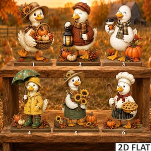 May include: Six decorative duck figurines on wooden bases, each featuring autumn themes: one with a pumpkin basket, one holding a lantern, one with a coffee cup, one in a yellow raincoat with an umbrella, one holding sunflowers, and one as a chef.