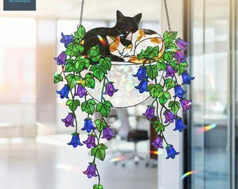 眠っている猫のアクリルホログラム窓吊り下げ、花柄猫サンキャッチャー、レインボーライトキャッチャー、猫好きへのギフト