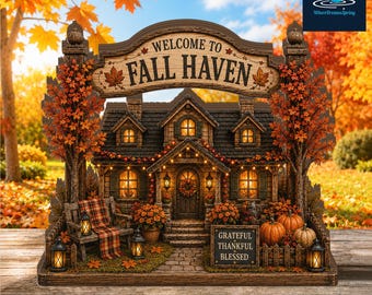 Puede incluir: Un adorno de mesa que muestra una casa con un letrero que dice Welcome to Fall Haven, rodeada de árboles otoñales, calabazas y un banco. Un pequeño cartel frontal dice Grateful Thankful Blessed, con luces cálidas que iluminan la estructura.