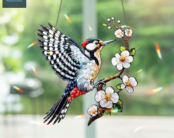 Holographic Woodpecker Suncatcher, Cherry Blossom Branch Acrylic Home Decor