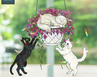 遊び心のある猫のアクリル製窓飾り、花柄猫サンキャッチャー、ホログラム猫サンキャッチャー、かわいい猫の室内装飾ギフト