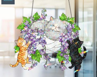 猫の家族のアクリルホログラム窓吊り下げ、子猫と一緒に眠っている猫、紫の藤を持つ猫の家族、藤の猫のサンキャッチャー
