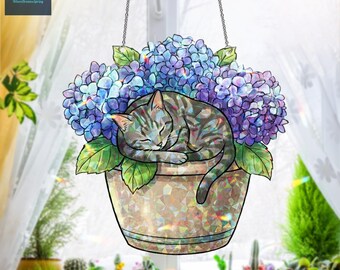 ホログラム猫の窓飾り、植木鉢で眠る子猫のサンキャッチャー、アジサイのホログラム窓飾り、猫好きへのギフト