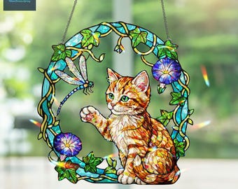 かわいいジンジャー子猫アクリルホログラムウィンドウハンギング、パープルフローラルアイビーフレームサンキャッチャー、ホログラフィックレインボーライトプリズム装飾、猫好きへのギフト