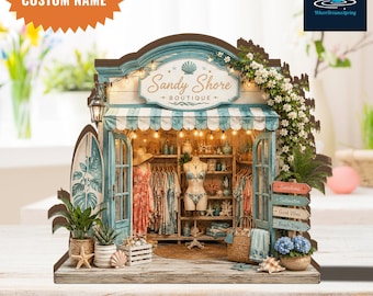 Personalized Beach Boutique Wooden Shelf Sitter, Custom Name Coastal Decor