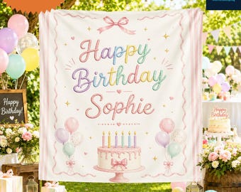 Personalized Pastel Birthday Blanket, Custom Name Cake Throw, Kids Party Decor