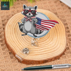 Raccoon Badge Reel, 4th Of July ID Holder, Patriotic Nurse Badge Clip, Retractable Nurse Badge, Independence Day Gift