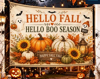 Hello Fall Boo Season Tapestry Banner, Pumpkin Halloween Autumn Decor