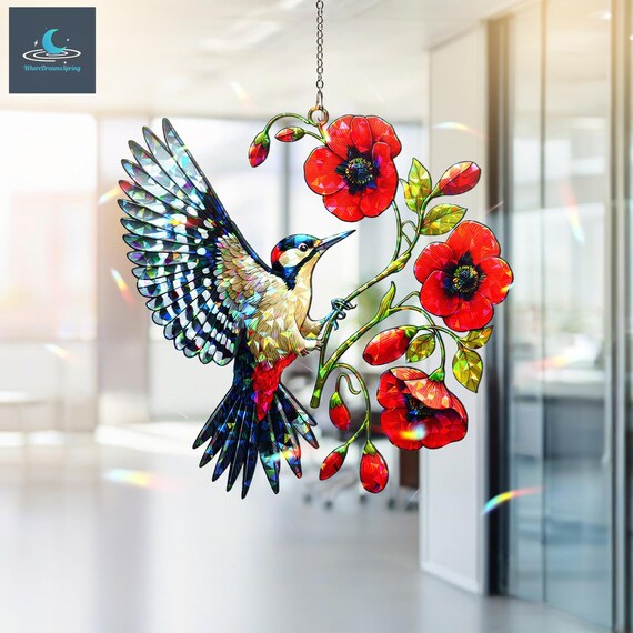 花と鳥の装飾 ポピーの花のホログラム付きキツツキ鳥、キツツキの窓飾り、キツツキの
