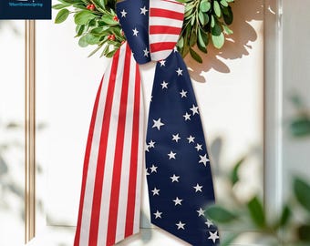 American Flag Wreath Sash, Patriotic Front Door Bow, Red White Blue Stars Stripes Decor