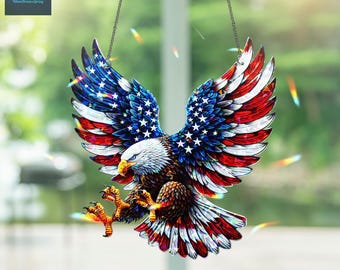 アメリカンイーグルのホログラフィックサンキャッチャー、愛国的な7月4日の窓飾り