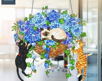 猫のアクリルホログラム窓吊り下げ、花柄猫サンキャッチャーとアジサイバスケット、レインボーライトキャッチャー、猫好きへのギフト
