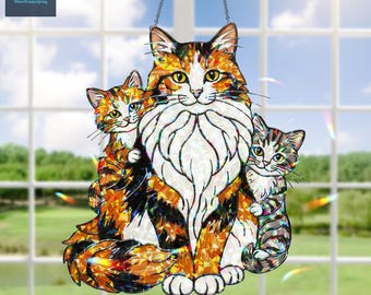 猫の家族のホログラム窓掛け、カラフルな猫のサンキャッチャー、子猫と母猫の窓装飾、猫好きの方へのユニークなギフト