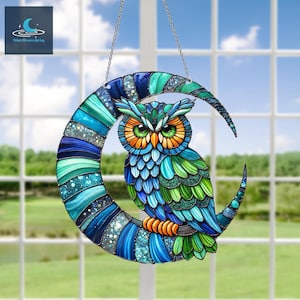 Owl On Moon Acrylic Window Hanging, Owl Window Wall Hanging, Owl Gift,  Owl Lover Gift, Bird Home Decor, Bird Lover Gift, Housewarming gift