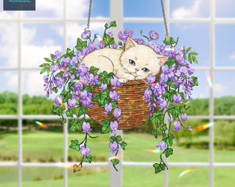 ホログラム猫の窓飾り、花かごに入った子猫のサンキャッチャー、紫色の花柄ホログラム装飾、猫好きへのギフト