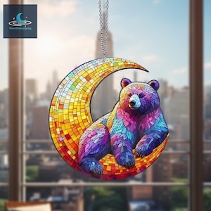 Bear On The Moon Acrylic Window Hanging, Bear Lovers Gift, Bear Acrylic Window Hangings, Bear Home Decoration