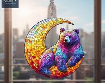 Colorful Bear On The Moon Acrylic Window Hanging