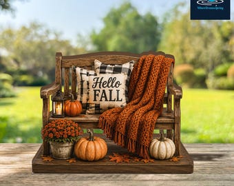 Hello Fall Bench Decor: Rustic Pumpkin Porch Sign, Farmhouse Shelf Sitter