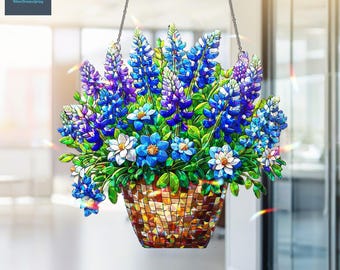 テキサスブルーボネットフラワーホログラムオーナメント、野生の花の窓飾り、ホームデコレーション、彼女へのギフト