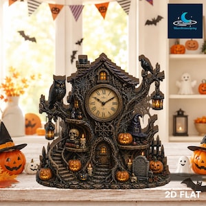 Pode incluir: Um relógio decorativo com tema de Halloween em forma de casa de árvore escura e retorcida. Possui um mostrador analógico central com algarismos romanos, uma coruja, um crânio, abóboras, um chapéu de bruxa, uma lápide e pequenas lanternas.