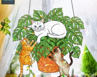 吊り下げ式植物に猫が描かれたホログラム窓飾り、レインボーサンキャッチャー、猫好きの方へのギフト