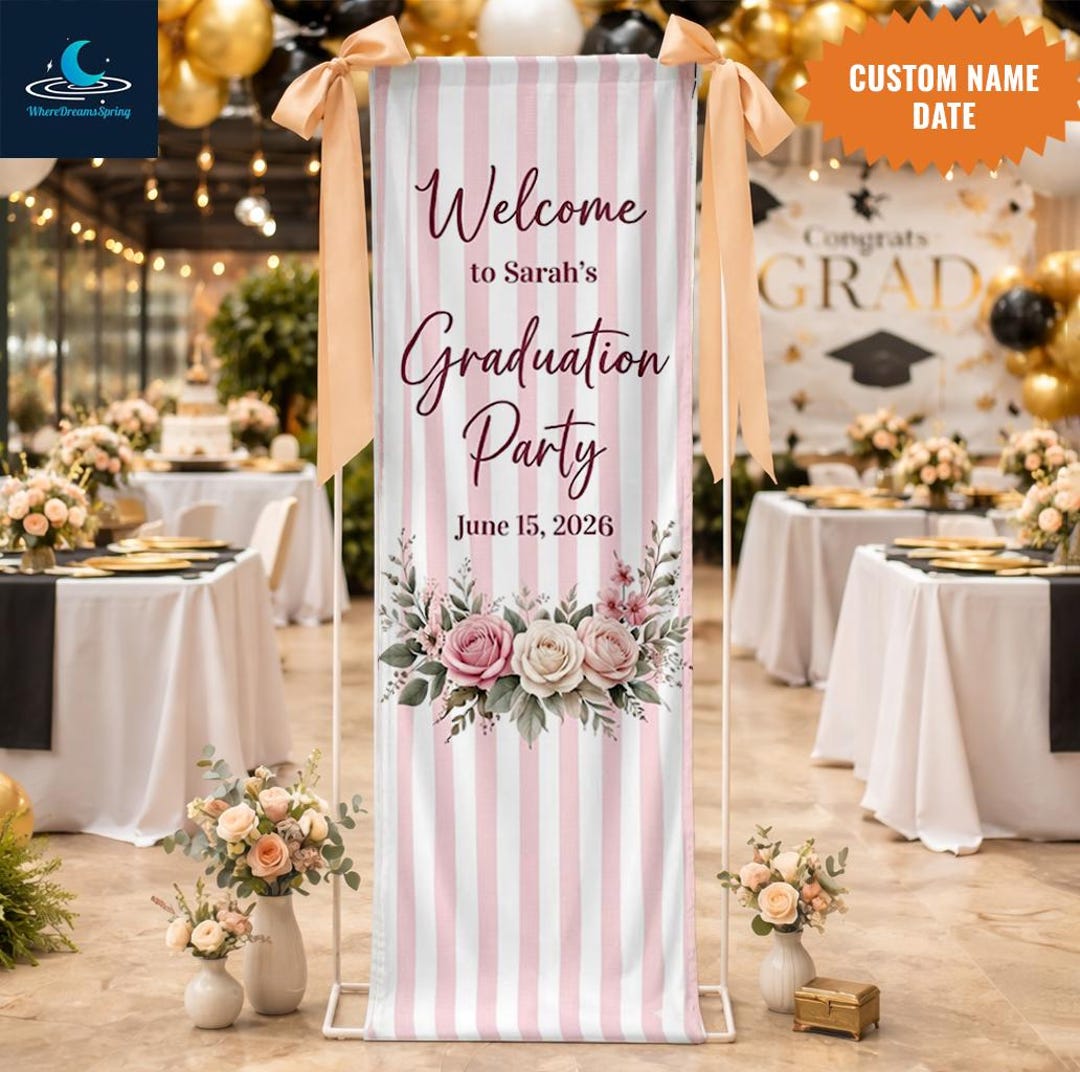 Spring Graduation Linen Pink Stripe Graduation Linen Tapestry Personalized Welcome Sign Custom ...