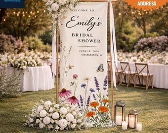 Personalized Wildflower Linen Bridal Shower Welcome Sign, Custom Engagement Party Banner