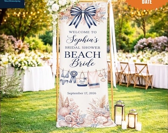 Beach Bride Linen Banner, Bridal Shower Welcome Sign, Coastal Party Decor (Custom Name Date)